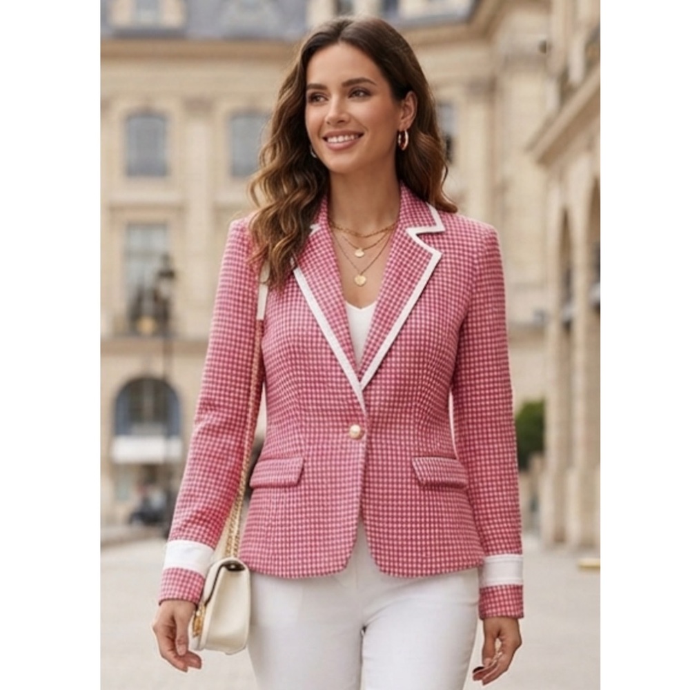 Ecru Red Houndstooth Check Tailored Women’s Blazer
